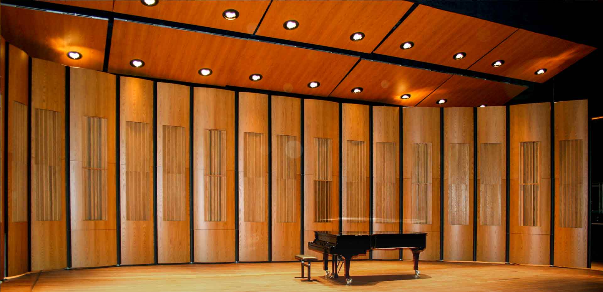 Mobile Acoustic Shell by HOAC on a stage with a piano 