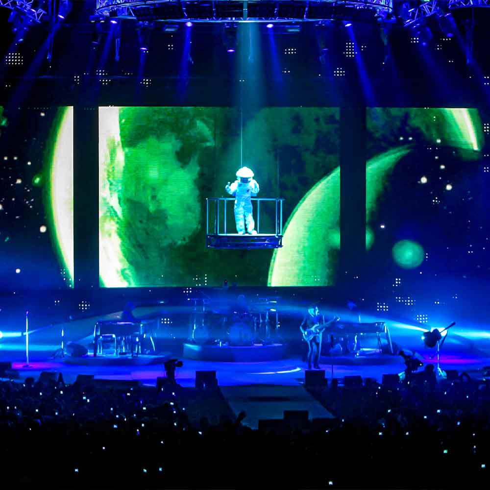 The track system is used in a play, so performers can fly across the stage