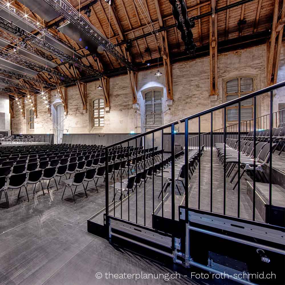 A fully assembled mobile grandstand with audience seating